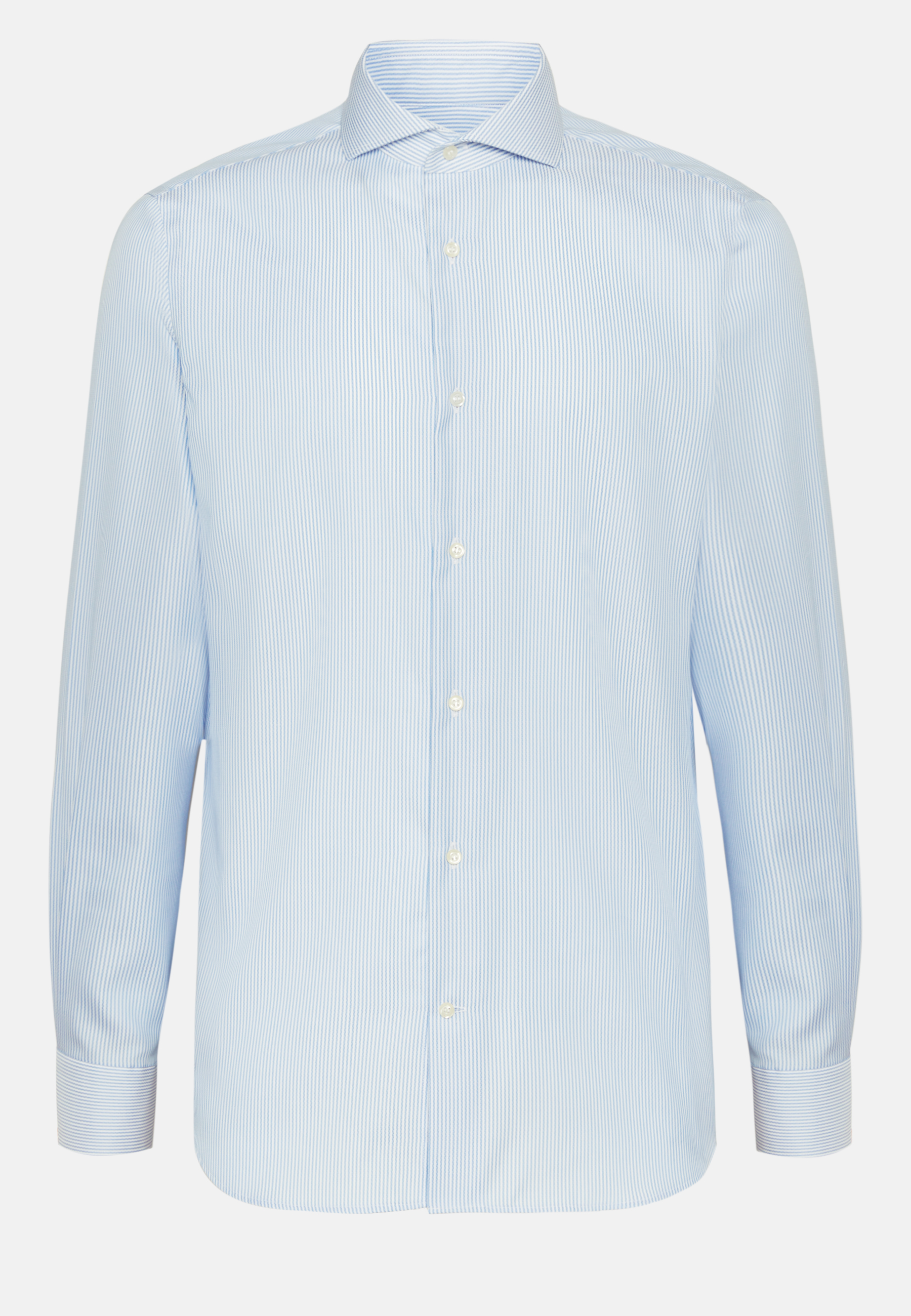 Рубашка из хлопка добби небесно-голубого цвета в полоску классического кроя для спорта и фитнеса – фото №  7